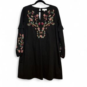 Braeve black floral embroidered mini boho dress with ruffle sleeves